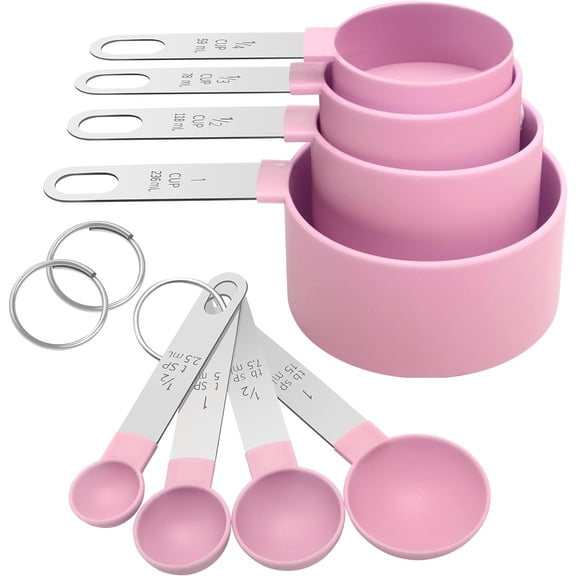 8Pcs Measuring Cups Set Measuring Spoons Set, Nesting Measure Cups with Stainless Steel Handle, For Measuring Dry and Liquid Ingredients Small Teaspoon with Plastic Head (Pink)