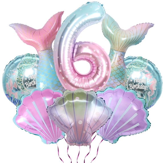 8Pcs Mermaid Party Balloons - Foil Number 6 Balloon, Mermaid Tail Balloons, Seashell Balloons, Birthday Balloons for Kids'Mermaid 6th Birthday Under the Sea Mermaid Party Supplies