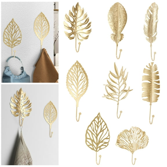 8Pcs Metal Gold Tone Leave Shape Wall Hooks Rust Proof Leaf Shape Robe Key Holders Strong Load Bearing Leave Shape Single Hooks With Back Hole Design for Bathroom Kitchen
