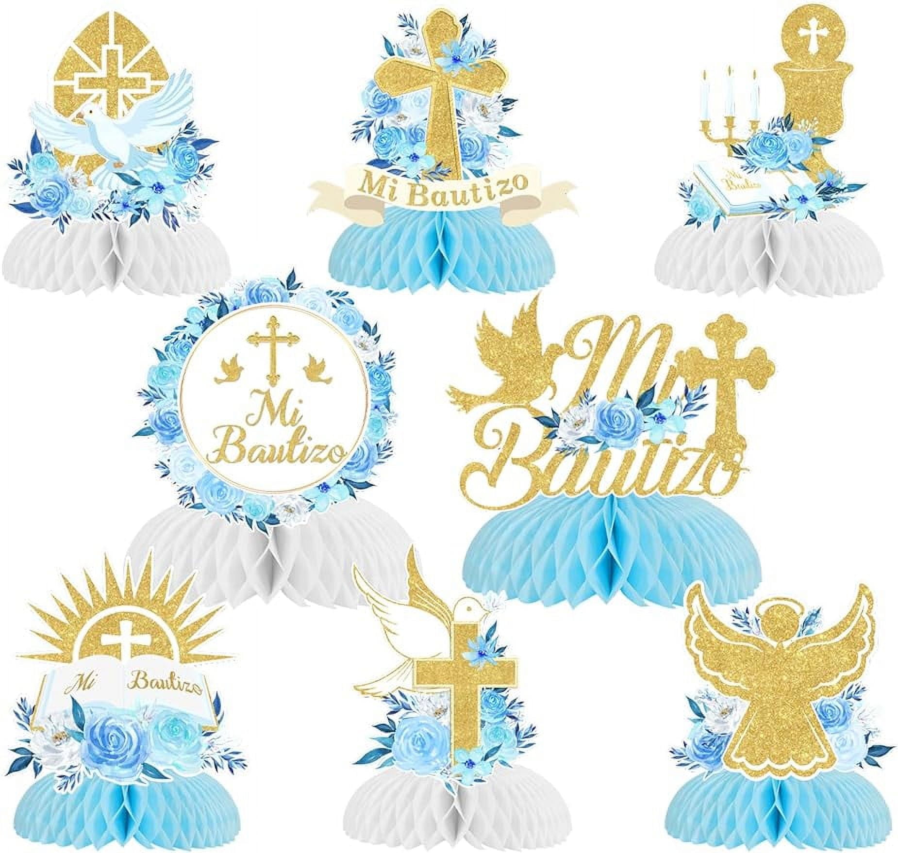 8Pcs Mi Bautizo Baptism Honeycomb Centerpieces Baby Shower Decorations for Boys, Blue Floral God Bless First Holy Communion Table Decors