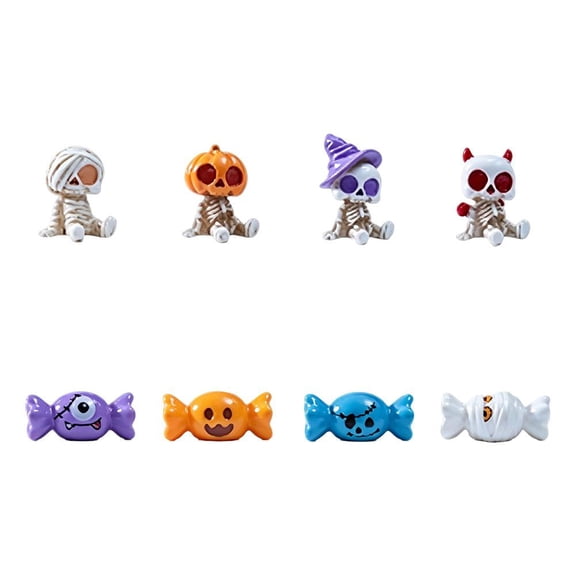 8Pcs Mini Halloween Skeleton Figurines Set Resin Mummy Pumpkin Witch Demon Ornaments Small Table Decor For Office Shelf Party Favor Candy Colors