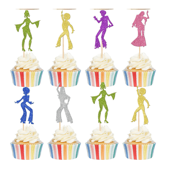 8Pcs Multi Color Glitter Disco Dancer Cupcake Toppers Rainbow 70s Retro Boogie Silhouette Man Woman Cake Picks Disco Fever Dance Birthday Retro Theme Party Cupcake Decorations