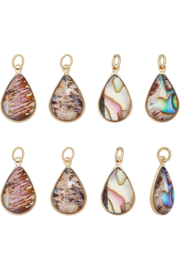 8Pcs Natural Abalone Shell Charms Paua Shell with Jump Rings Pendants Golden Teardrop Charm Ocean Sea Summer Pendant for Earrings Necklace DIY Jewelry Making