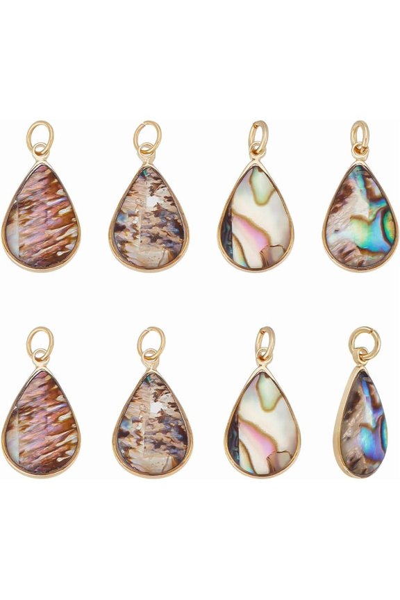 8Pcs Natural Abalone Shell Charms Paua Shell with Jump Rings Pendants Golden Teardrop Charm Ocean Sea Summer Pendant for DIY handcrafting