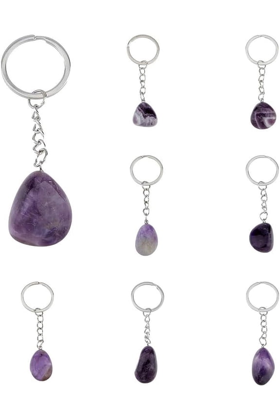 8Pcs Natural Amethyst Keychains Irregulate Natural Stone Pendant Keyring Gemstone Stones Charms with Platinum Iron Findings Purse Bag Decoration for Women Men 85~94mm Platinum