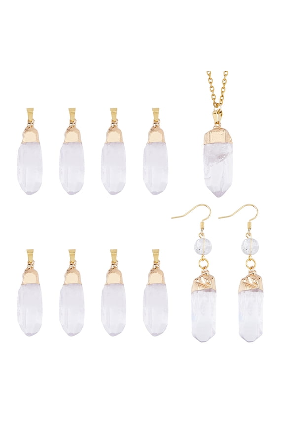 8Pcs Natural Quartz Crystal Double Terminal Pointed Pendants Faceted Bullet Charms with Brass Findings Golden 33.5~46.5x12~16x11.5~15mm Hole: 7.5x4mm