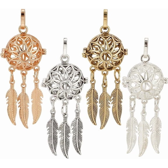 8Pcs Necklace Holder Dreamcatcher Feathers Cage Pendants Hollow Brass Spiral Bead Cage Pendant Bulk Stone Bead Cage Charms for Jewelry Making Charms Women DIY Necklaces Crafts for DIY
