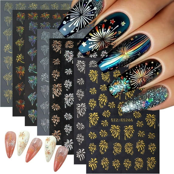8Pcs New Year Nail Stickers for Art Nails Firework Nail Art Stickers 3D Self-Adhesive Laser Holographic Firework Nail Design Decals Glitter Gold Silver Nail Supplies for Christmas Manicure E22