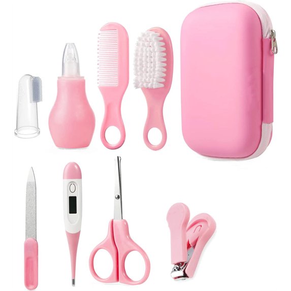 8Pcs Newborn Baby Care Accessories Set,Bexikou Baby Grooming Kit, Portable Nursery Infants Care Kit with Scissors Comb Manicure Finger Nose Cleaner, Ideal for Travelling & Home Use -Pink