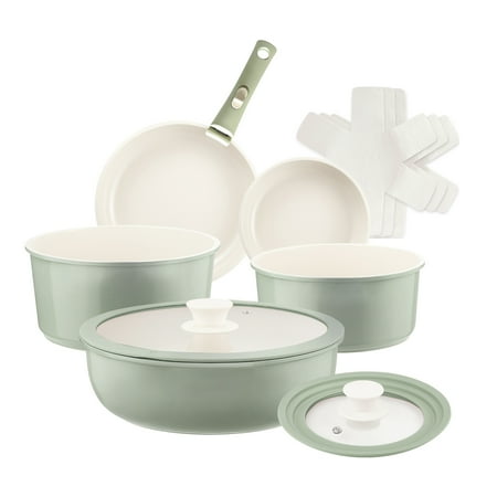 8Pcs Non Stick Detachable Aluminum Ceramic Pots and Pans Set, Cookware Set with Removable Handle, Green