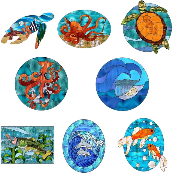 8Pcs Ocean Theme Window Stickers Animals Static Cling Glass Sticker Decals Decor PVC Art for Home Nursery Bedroom Bathroom Glass Door Decorations(Turtles Dolins Fish Octopuses Shells) 1set