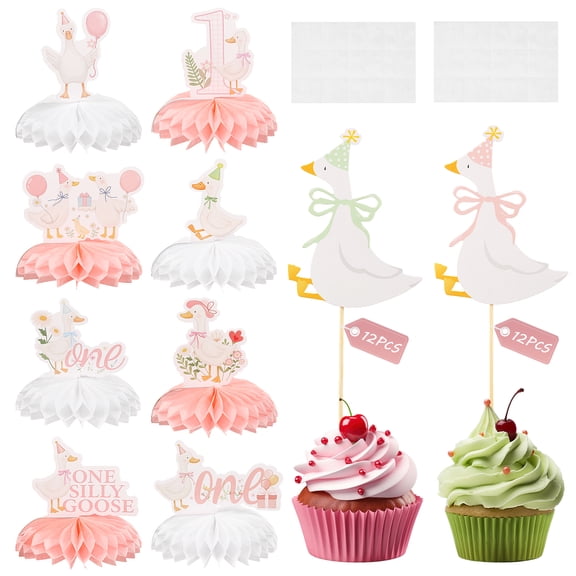 8Pcs One Silly Goose 1st Birthday Party Decor Set 8 Honeycomb Centerpieces 12 Pink Goose Cake Toppers 12 Green Cupcake Picks Baby First Birthday Table Decorations for Baby Shower