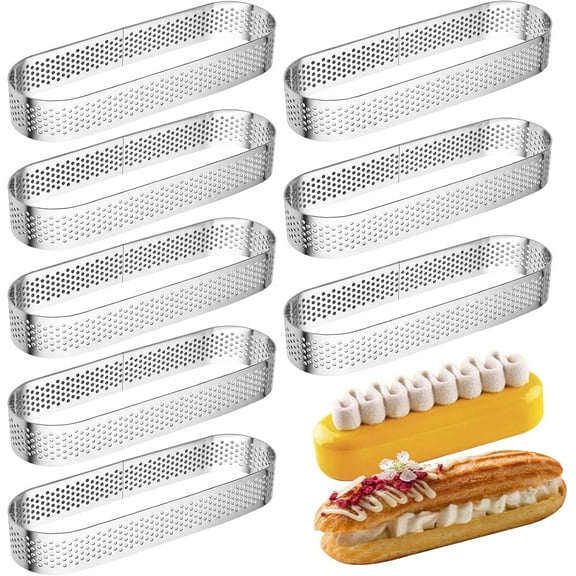 8Pcs Oval Tart Rings, Metal Pastry Mold for French Dessert, 5.1in Stainless Steel Mini Cake Ring, Small Fruit Crust Tartlet Mold, Perforated Oval Tart Ring Mold, tart molds for baking Silvery