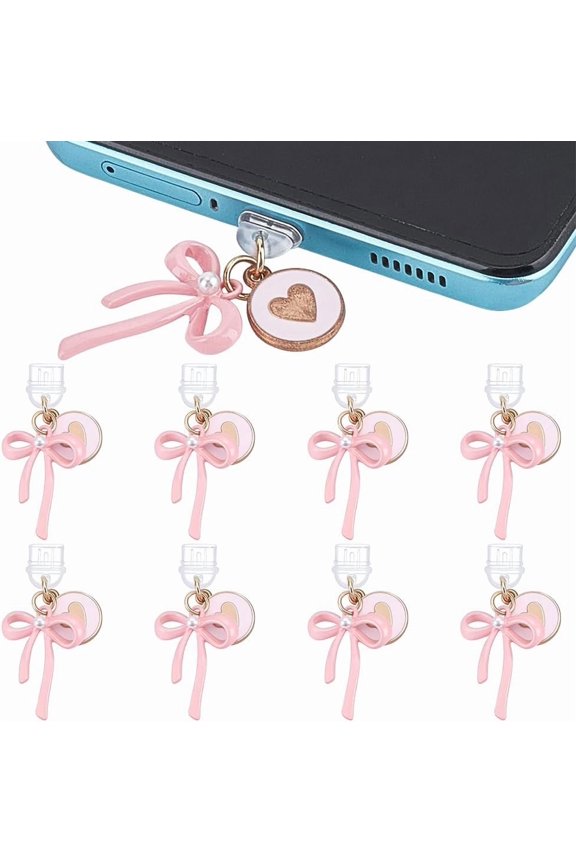 8Pcs PVC Mobile Dustproof Plugs with Alloy Enamel Pendants Bowknot Golden Pink 44mm Craft Supplies