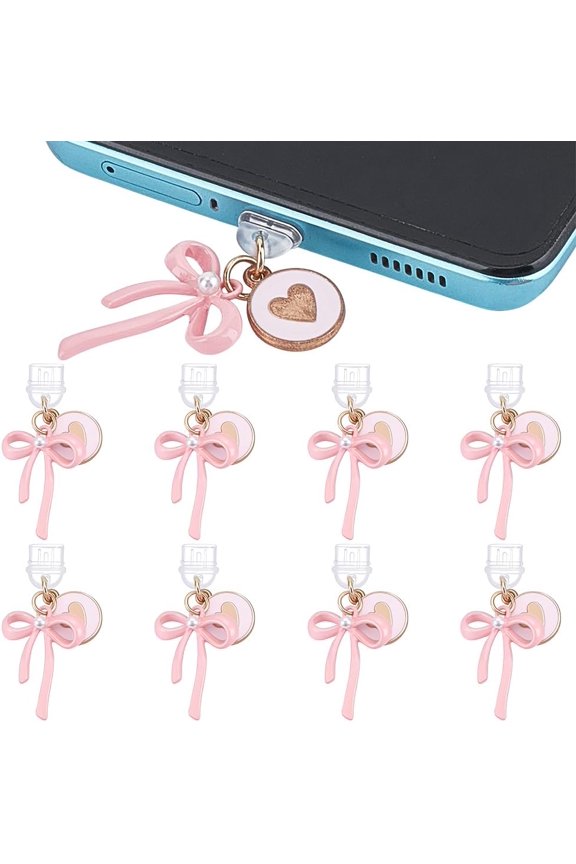 8Pcs PVC Mobile Dustproof Plugs with Alloy Enamel Pendants Bowknot Golden Pink 44mm Craft