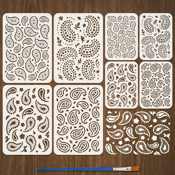 8Pcs Paisley Pattern Painting Stencil with Brush 8 Styles DIY Decorative Paisley Stencil Template Floral Theme PET Drawing Painting Stencils for DIY Art Projects Home Decor