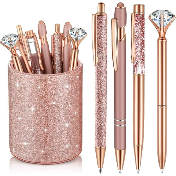 8Pcs Pen Holder Ballpoint Set,Ballpoint Bling for Women,Girly,Black & Blue Ink Ball Point Gifts for Wedding Bridesmaid Office Pink Supplies (Rose Gold)
