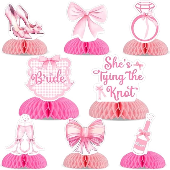 8Pcs Pink Bow Shes Tying the Knot Honeycomb Centerpieces for Bridal Shower Decor, Princess Bows Centerpieces Table Topper for Bachelorette Wedding Engagement Party Decorations