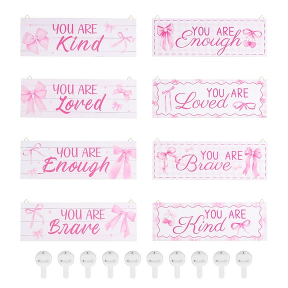 8Pcs Pink Bow Wall Decor Wooden Inspirational Phrase Wall Sign Positive Phrases Bathroom Hanging Decor for Home Living Room Corridor
