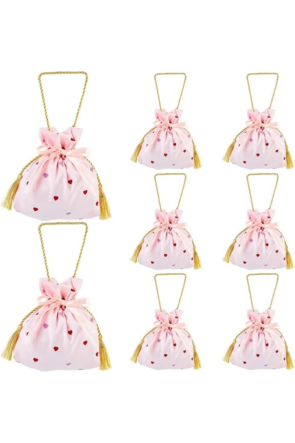 8Pcs Pink Drawstring Candy Pouch Small Heart Thank You Gift Bag 5.7x6.3 Inch Women Birthday Christmas Party Favor Candy Bags with Handles for Wedding Bridal Shower Engagement Party Supplies