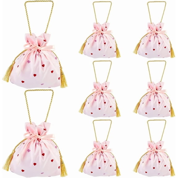 8Pcs Pink Drawstring Candy Pouch Small Heart Thank You Gift Bag 5.7x6.3 Inch Women Birthday Christmas Party Favor Candy Bags with Handles for DIY