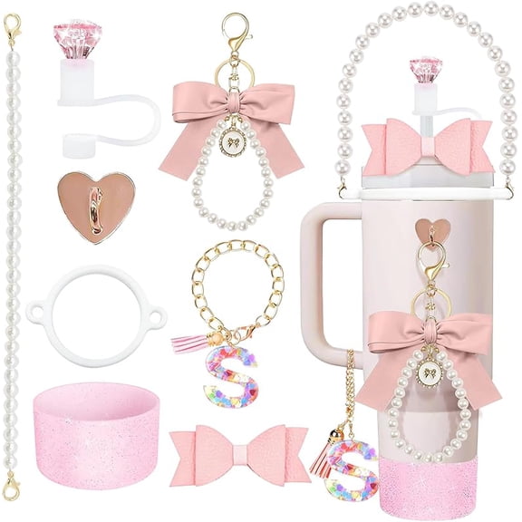 8Pcs Pink Stanley Cup Accessories Set for Stanley Cup 30&40 Oz Tumbler - Silicone Straw Cover Cap and Boot, Letter Charm for Handle, Bow Straw and Charm Decoration, Pearl Water Bottle Handle Strap