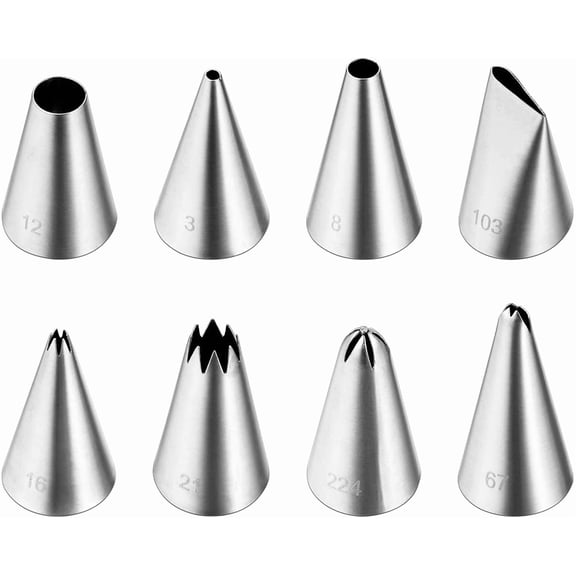 8Pcs Piping Tips Cake Decorating Kit with 10Pcs Disposable Piping Bags for Starter