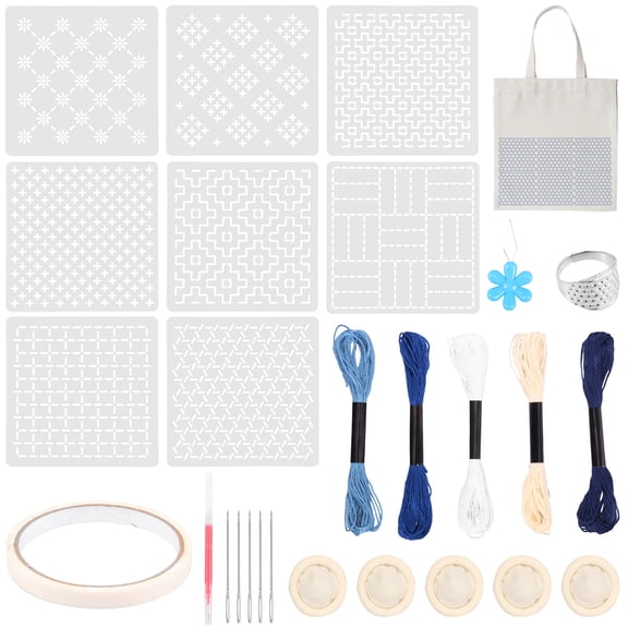 8Pcs Plastic Sashiko Stencils Kit Geometric Sashiko Pattern Templates with Thimble Thread Tool for Sewing Hand Quilting,4.7x4.7inch