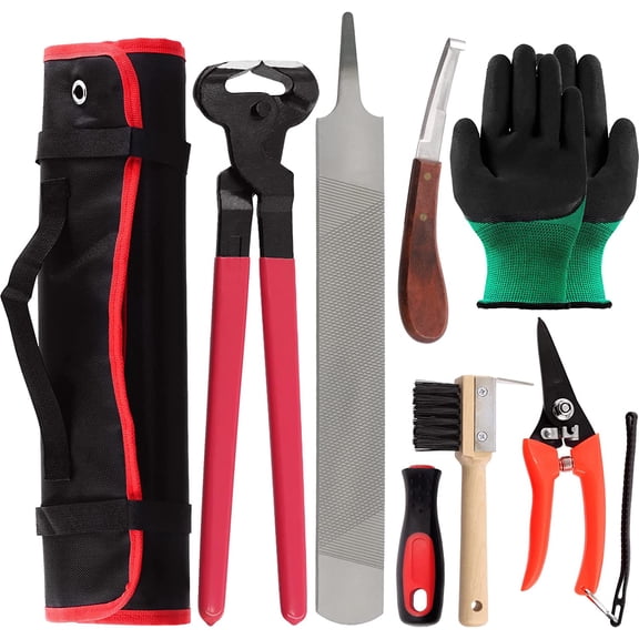8Pcs Professional Farrier Tools Value Kit with Roll Pack, Horses Hoof Trimmers Shears Tools, Hoof Cutter, Farrier Rasp File and Rubber Handle, Hoof Nipper, Horseshoe Brush, Hoof Knife