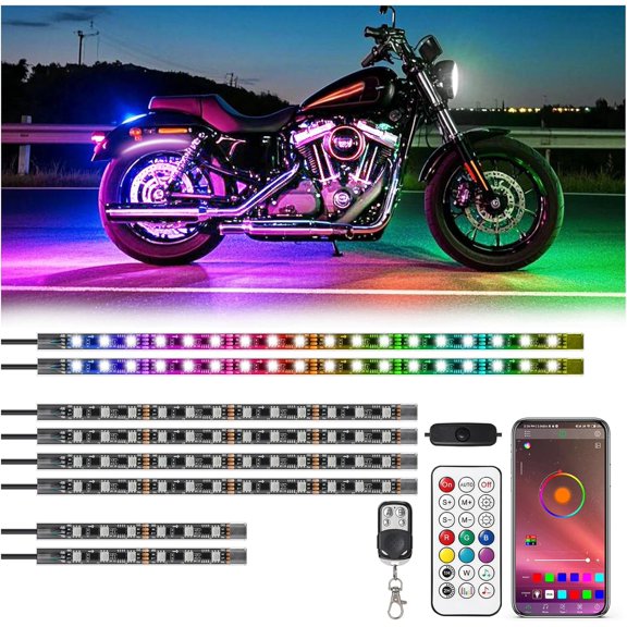 8Pcs RGB+IC Motorcycle LED Ligts wit APP/RF Remote Casing Color Modes, Motorcycle LED Underglow Kit wit Brake Turn Signal, 12V Waterproof Pixelglow Effect Neon Strip Ligts for arley Kawasaki