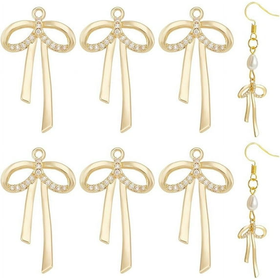 8Pcs Real 14K Gold Plated Brass Bowknot Charms 1.1x0.6x0.1Inch Micro Pave Clear Cubic Zirconia Pendants Dangle Connecter Charms for DIY Earrings Bracelet Necklaces Jewelry Making