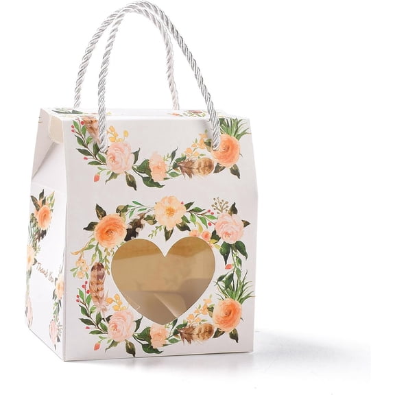 8Pcs Rectangle Paper Gift Boxes with Handle Rope Clear Heart Window Box for Gift Wrapping Colorful Flower 6.65x6.7x10cm