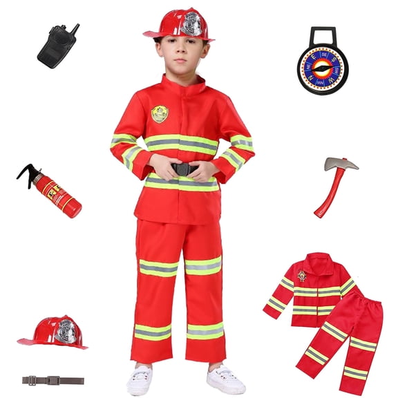 8Pcs Red Kids Fireman Costume Dress-up Set Pretend Role Play Firefighter Realistic Outfit Kit Gift Toys for Boys 3-6 Years Toddler Birthday Christmas Present
