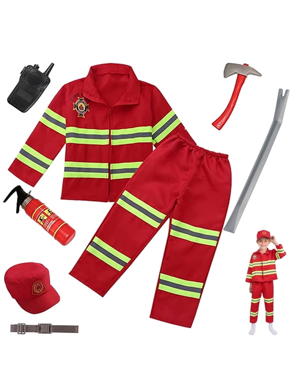 8Pcs Red Kids Fireman Costume Dress-up Set Pretend Role Play Firefighter Realistic Outfit Kit Gift Toys for Boys 3-6 Years Toddler Birthday Christmas Present