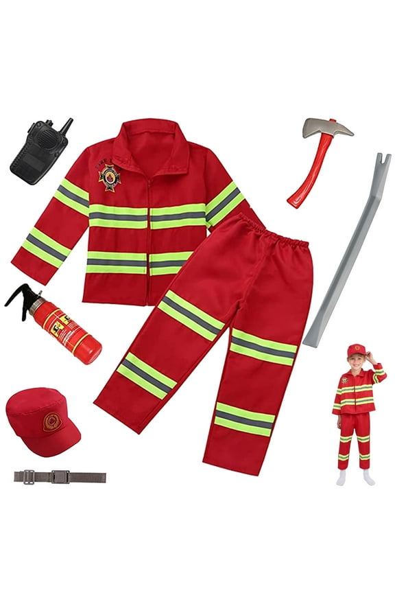 8Pcs Red Kids Fireman Costume Dress-up Set Pretend Role Play Firefighter Realistic Outfit Kit Gift Toys for Boys 3-6 Years Toddler Birthday Christmas Present
