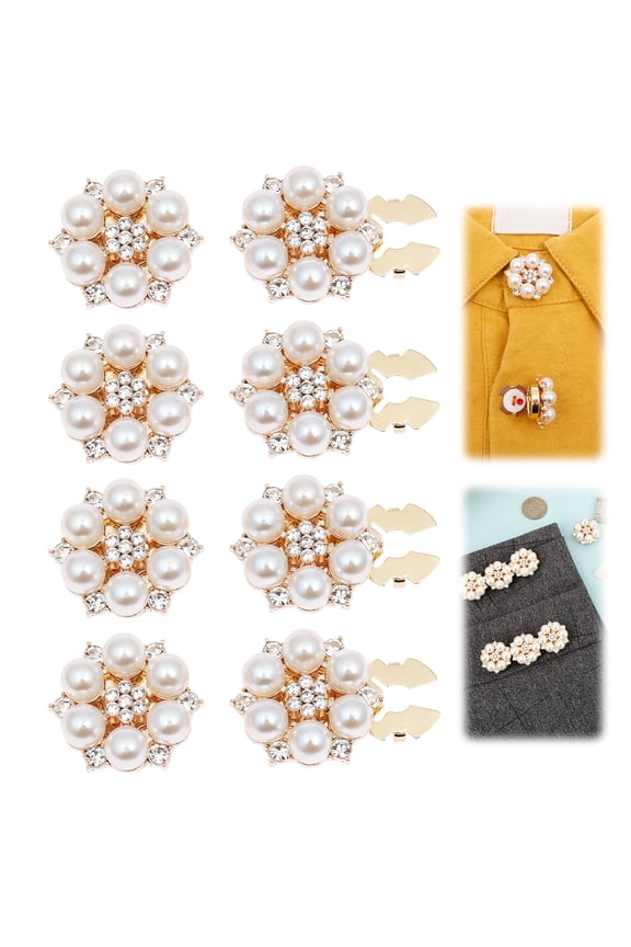 8Pcs Removable Faux Pearl Rhinestone Button Covers, Mini Decorative Clip On Buttons for Blouse Shirt Suit Dress DIY Clothing Decor