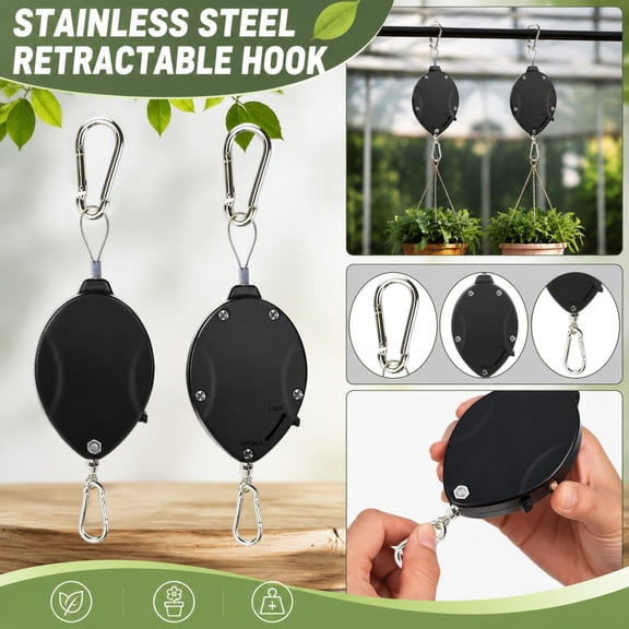 8Pcs Retractable Stainless Steel Auto-Locking Pulley Hook, Adjustable Heavy-Duty Hanging Hook for Flower Basket, Bird Feeder, Lantern & Household Organizer, Max 44 Lbs Load
