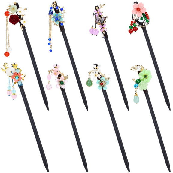 8Pcs Retro Chinese Traditional Hanfu Flower Butterfly Wooden Hair Sticks Pins with Bead Pendants Hair Forks Chopsticks Bun Updo Holders for Women Girls