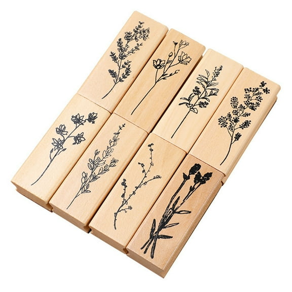 8Pcs Retro Floral Plant Stamps Wooden Rubber Stamps for Art Crafts Birthday Card Making Invitation Album Decoration