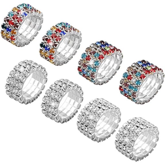8Pcs Rhinestone Stretch Ring Fashion Stackable Rings Trendy Wide Band Finger Ring Sets Thumb Pinky Rings Supplies for Women Birthday Party DIY Decoration Rhinestone