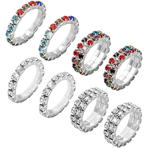 8Pcs Rhinestone Stretch Ring Fashion Stackable Rings Trendy Wide Band Finger Ring Thumb Pinky Rings Supplies for Women Birthday Party DIY Decoration Rhinestone