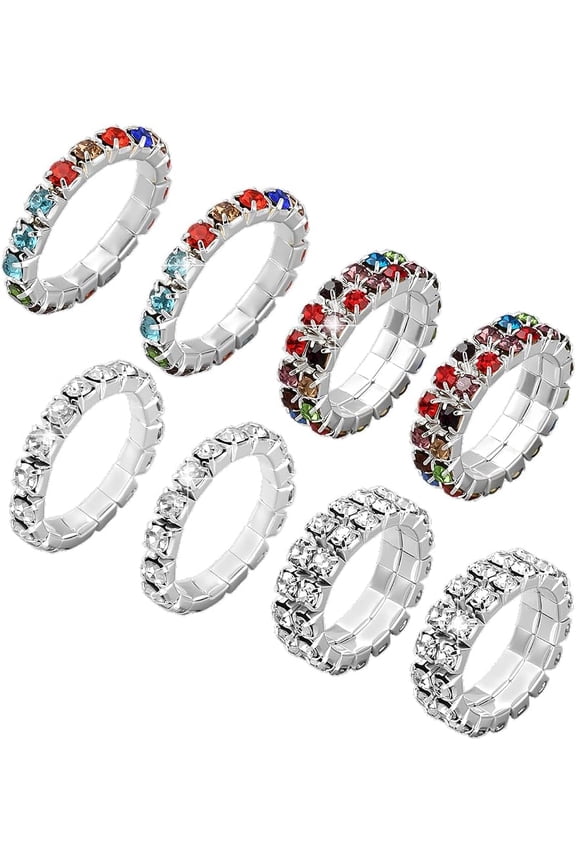 8Pcs Rhinestone Stretch Ring Fashion Stackable Rings Trendy Wide Band Finger Ring Thumb Pinky Rings Supplies for Women Birthday Party DIY Decoration Rhinestone