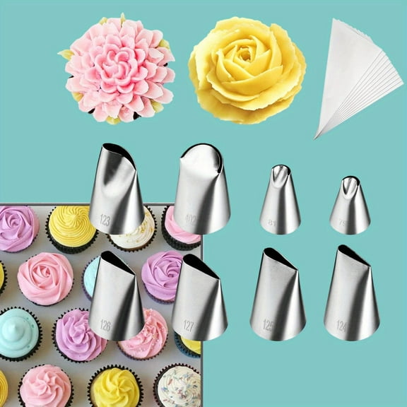 8Pcs Rose Flower Piping Tips Set with 10Pcs Disposable Piping Bags, Petal Icing Tips for Cake Decorating, Daily Baking Cupcakes, Cakes, Bread, Biscuits