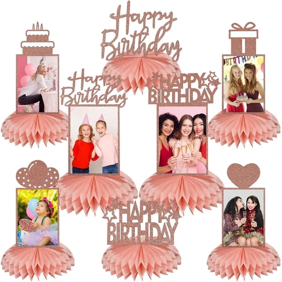 8Pcs Rose Gold Birthday Decorations Honeycomb Centerpieces for Women Girl, Pink Rose Gold Glitter Birthday Photo Table Centerpiece Party Supplies, 16th 30th 40th 50th 60th Bday Table Topper