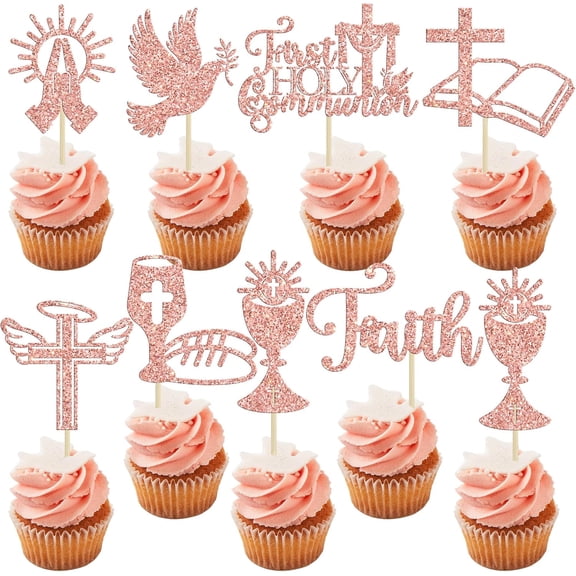 8Pcs Rose Gold Glitter First Holy Communion Cupcake Toppers, Religious Symbols Picks for Baptism Party Cake Decorations
