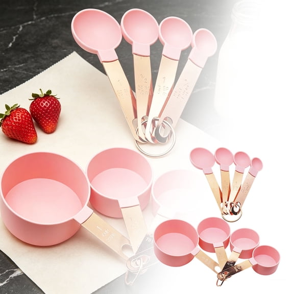8Pcs Rose Gold Stainless Steel Measuring Set Stackable Engraved Cup Spoon Design, Accurate Dry Ingredient Measuring Tool, Classic Kitchen Baking Utensil For Home Cooking And Pastry Making Pink - 17cm