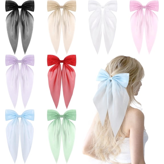 8Pcs Satin Layered Hair Bows for Women Girls, 6.5 Inch Large Barrette Hair Clip Long Ribbon Bows French Style Hair Accessories