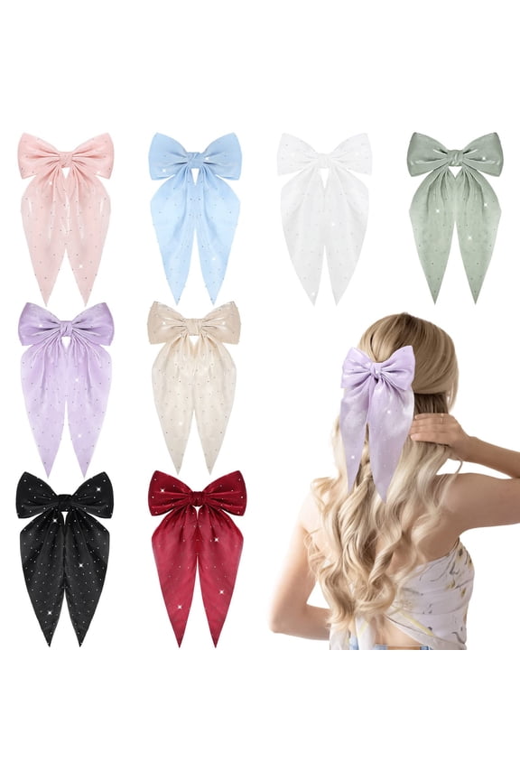 8Pcs Satin Layered Hair Bows for Women Girls, 6.5 Inch Large Barrette Hair Clip Long Ribbon Bows French Style Hair Accessories