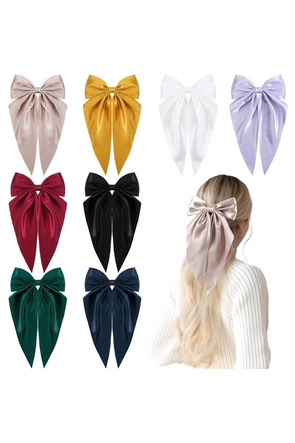 8Pcs Satin Layered Hair Bows for Women Girls, 6.5 Inch Large Barrette Hair Clip Long Ribbon Bows French Style Hair Accessories