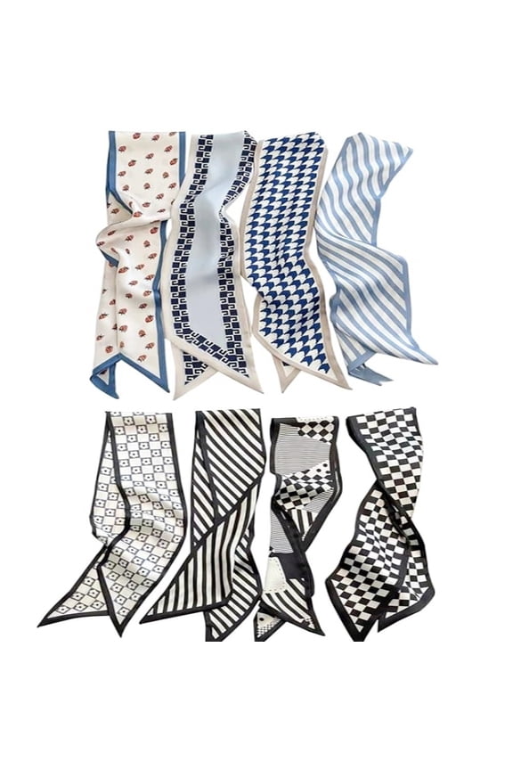 8Pcs Satin Scarves Set for Women, Multifunctional Fashion Scarves for Hair Neck Bag Accessories, Boho Chic Scarves for All Seasons Outfits